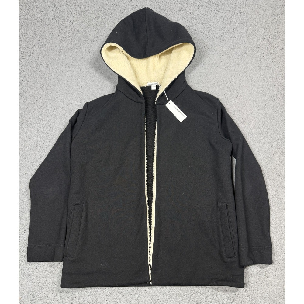 James Perse Hooded Coatigan Womens 1 Black Fleece Lined Open Front EST1164